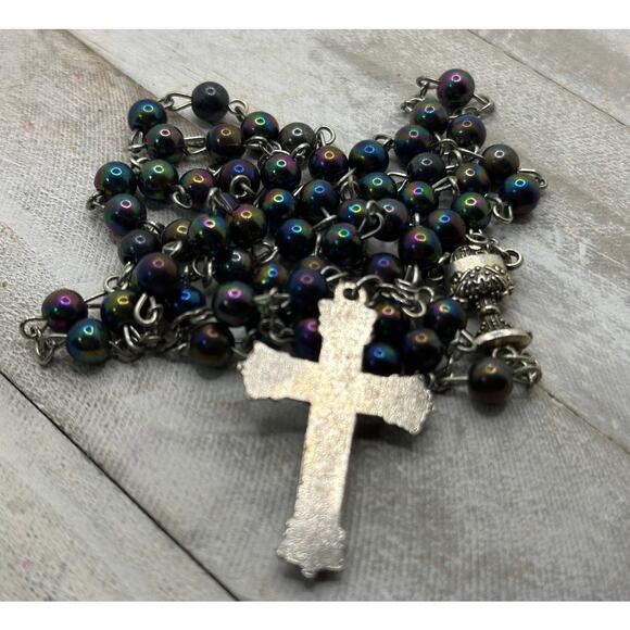 Vintage Black Iridescent Glass Bead Rosary, Catholic Prayer Beads, Crucifix - Picture 7 of 9